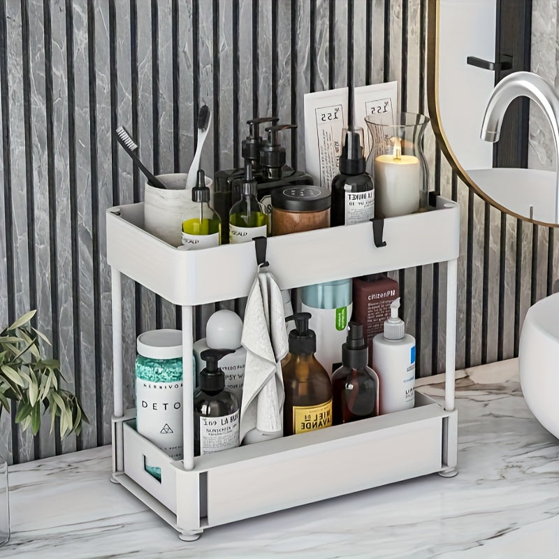 2pcs, 2 Tier Sliding Under Sink Organizer with Hooks