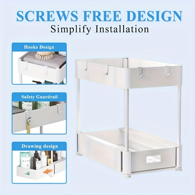 2pcs, 2 Tier Sliding Under Sink Organizer with Hooks