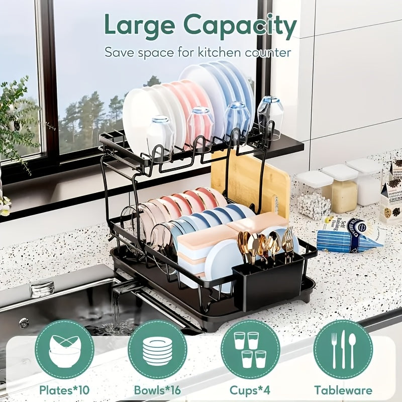 Space-Saving 2-Tier Dish Rack with Self-Draining Design