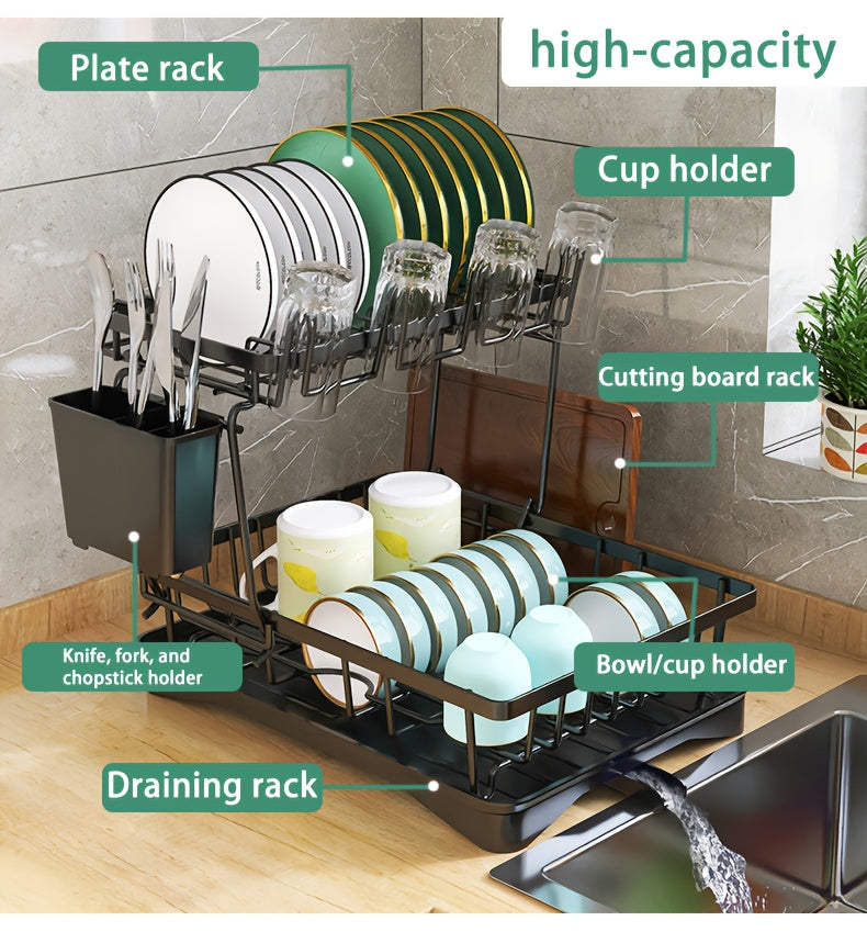 Space-Saving 2-Tier Dish Rack with Self-Draining Design