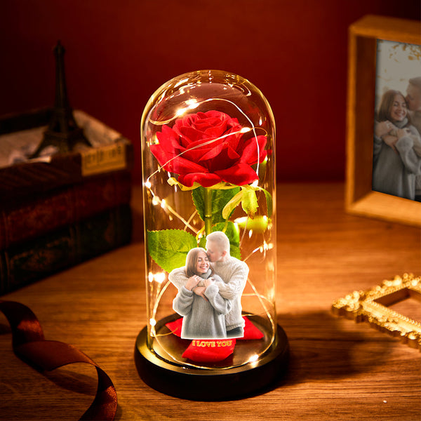 Custom Photo Text Led Night Light Glass Cover Eternal Red Rose Flower Home Desktop Decoration