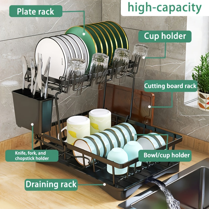 Space-Saving 2-Tier Dish Rack with Self-Draining Design