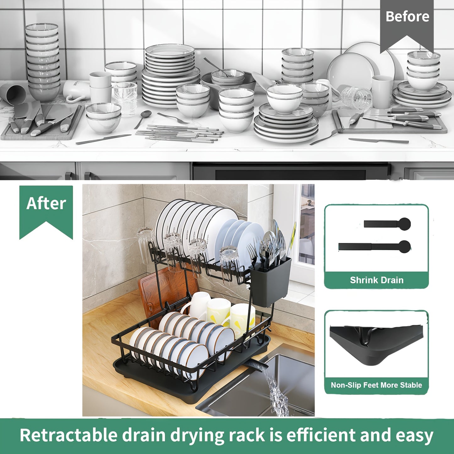 Space-Saving 2-Tier Dish Rack with Self-Draining Design