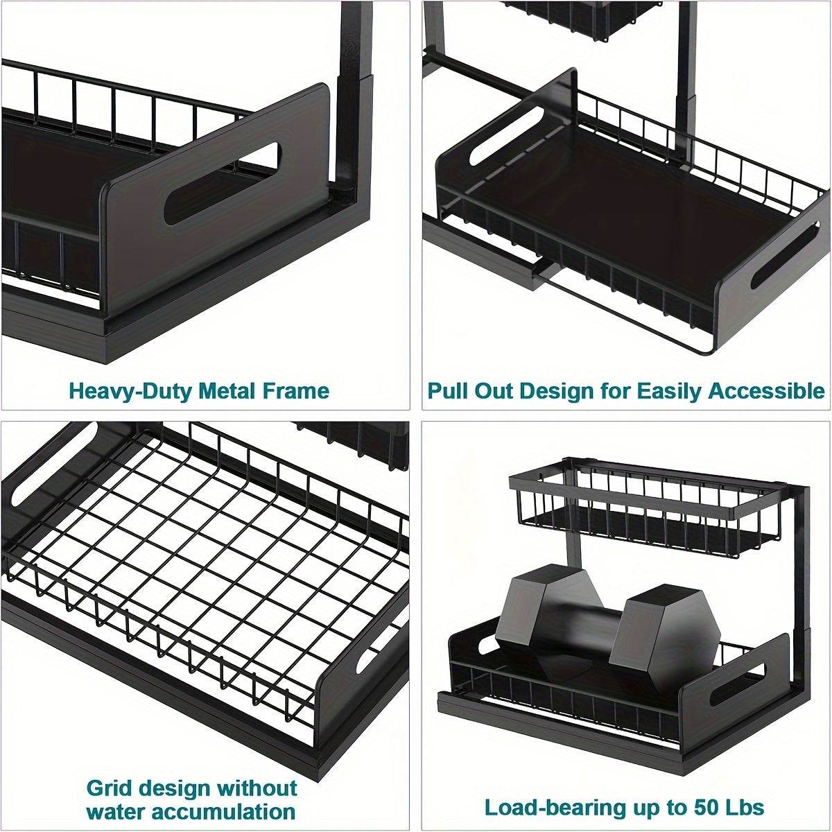 2-Tier Under Sink Storage Organizer - Pull-Out Organizers with Slide Out Shelf and Metal Sliding Drawer