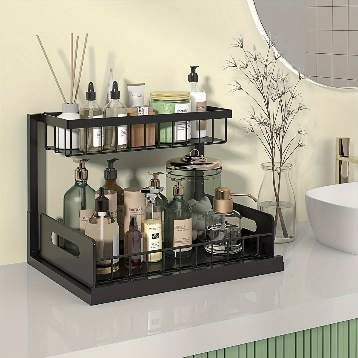 2-Tier Under Sink Storage Organizer - Pull-Out Organizers with Slide Out Shelf and Metal Sliding Drawer