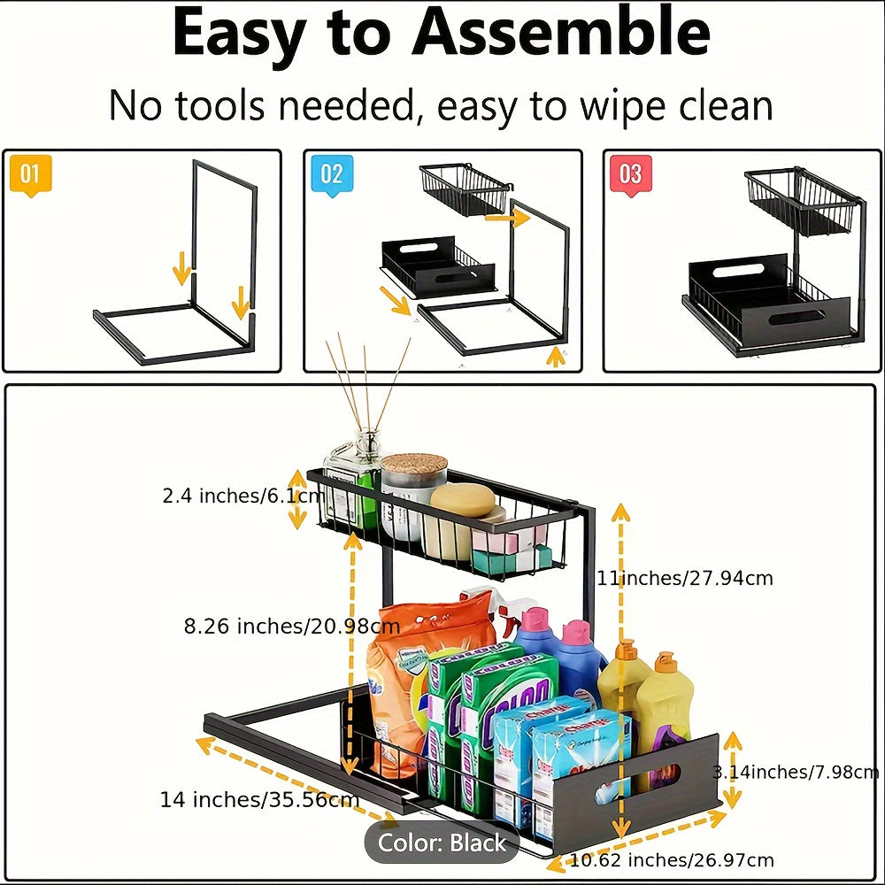 2-Tier Under Sink Storage Organizer - Pull-Out Organizers with Slide Out Shelf and Metal Sliding Drawer