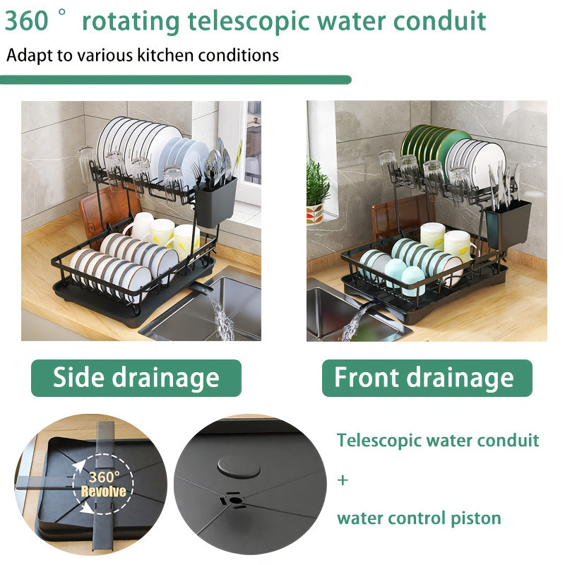 Space-Saving 2-Tier Dish Rack with Self-Draining Design