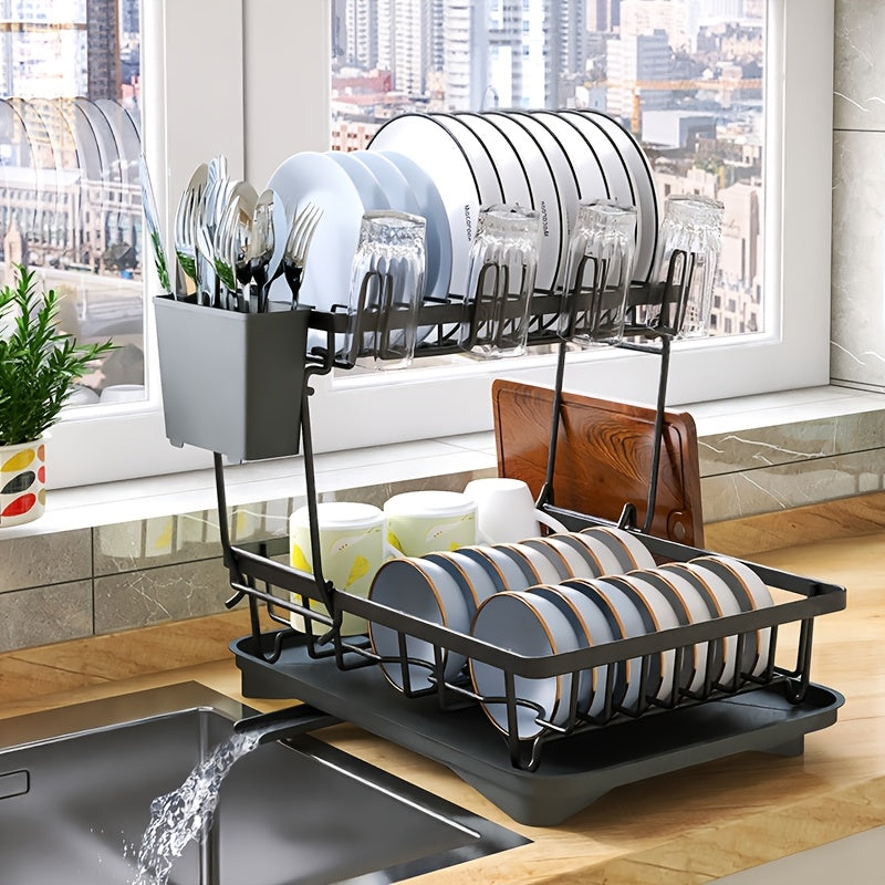 Space-Saving 2-Tier Dish Rack with Self-Draining Design