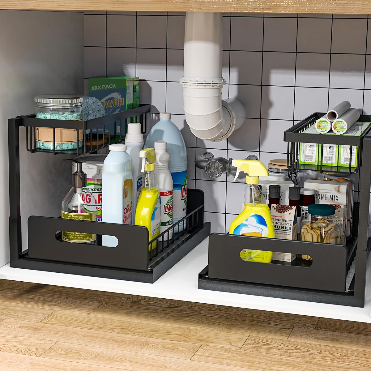 2-Tier Under Sink Storage Organizer - Pull-Out Organizers with Slide Out Shelf and Metal Sliding Drawer