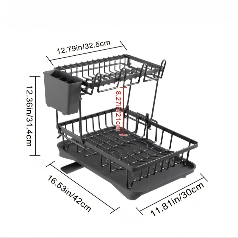 Space-Saving 2-Tier Dish Rack with Self-Draining Design